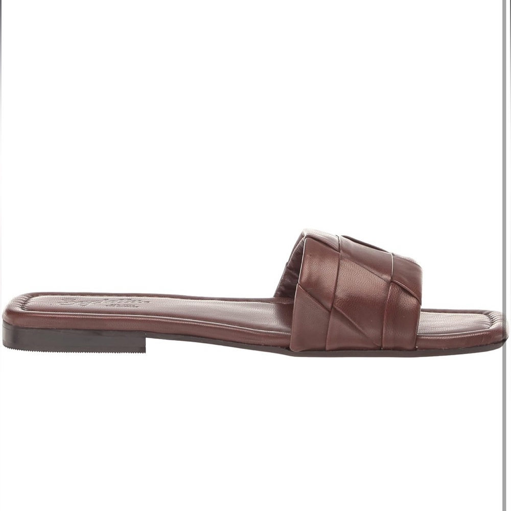 Woven Leather Square Toe Slide Sandals in Brown